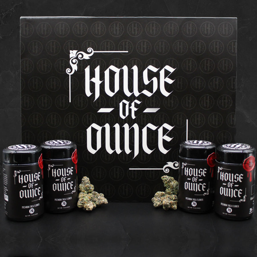 An ounce: four 7g jars in the House of Ounce box